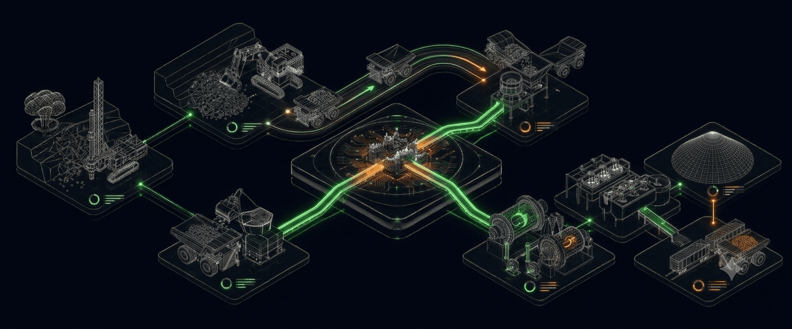 OreNeda 3D mine-to-product value-chain network connecting geology, drilling, haulage, crushing, grinding, processing, and product stages with glowing data pathways.